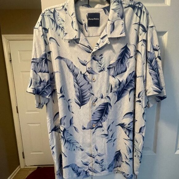 Tommy Bahama silk short sleeve mens shirt button down blue leaf print XXL EUC - Picture 1 of 5